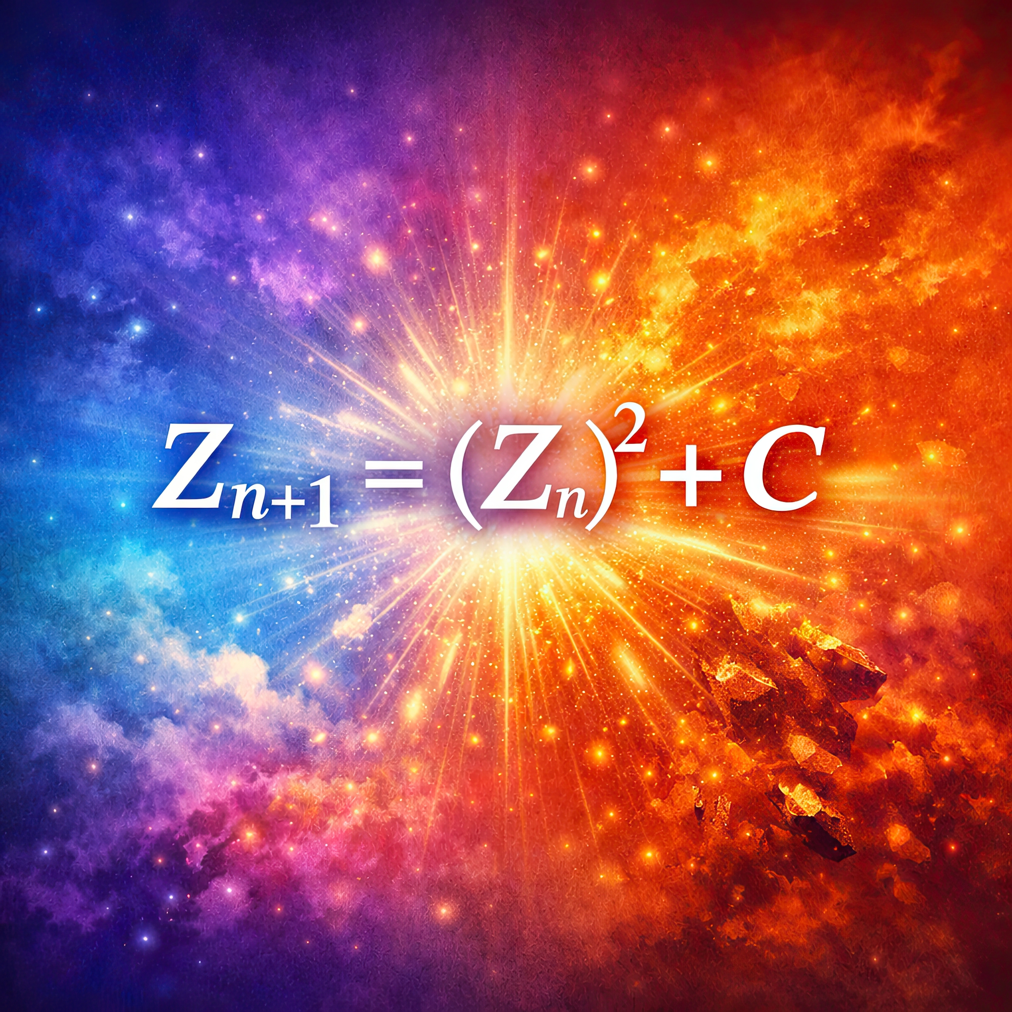 Wzór matematyczny Z_(n+1) = (Z_n)^2 + C na tle kolorowego gradientu z promieniami światła w centrum